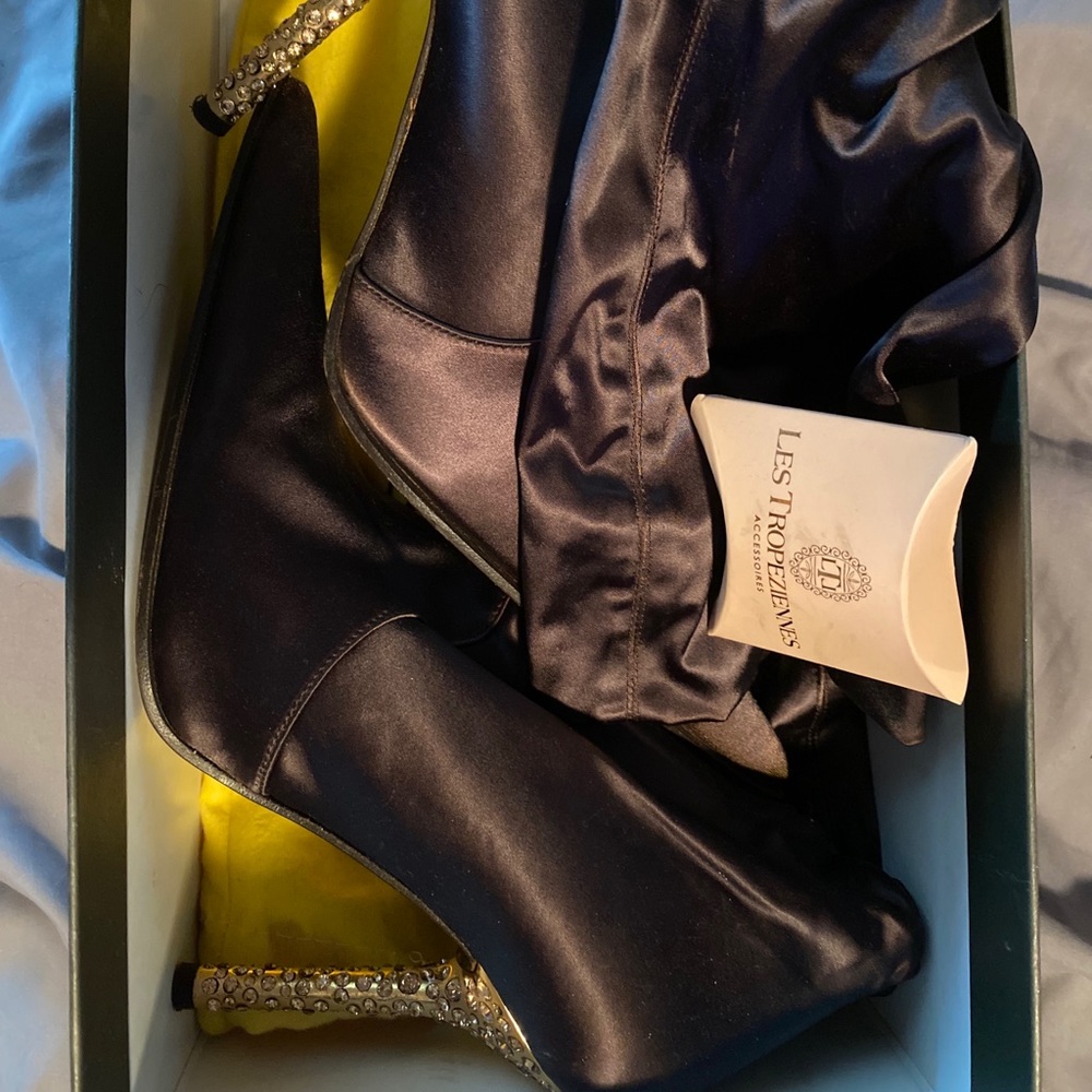 Les Tropeziennes Satin Boots with Bedazzled Heels